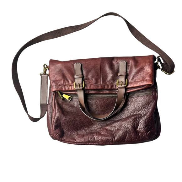 Fossil Explorer Fold-Over Brown Leather Handbag Crossbody Messenger Large Bag - Picture 1 of 12